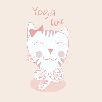 Cute cartoon cat in yoga pose meditation, a marichyasana position on pink background,  It can be used as a poster, postcard, complimentary yoga , sports center and print on shirt. vector illustration.