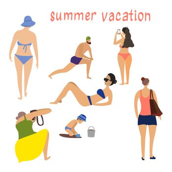 Summer beach cartoon vector illustration. People on the beach having fun.