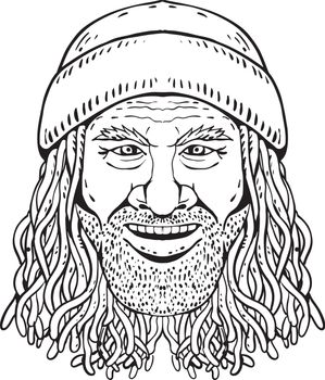 Rastafarian Dude Head Front Drawing Black and White