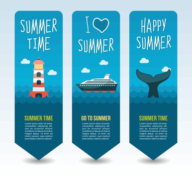 Lighthouse, cruise liner and whale tail. Summer Travel and vacation vector banners. Summertime. Holiday