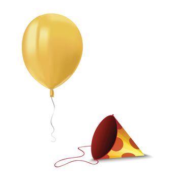 Realistic air flying yellow balloon with reflects and paper hood isolated on white background. Festive decor element for any holiday. Vector illustration.