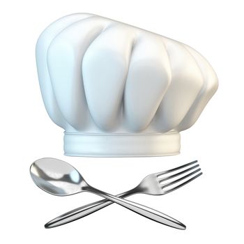 White chef hat with spoon and fork 3D rendering illustration isolated on white background