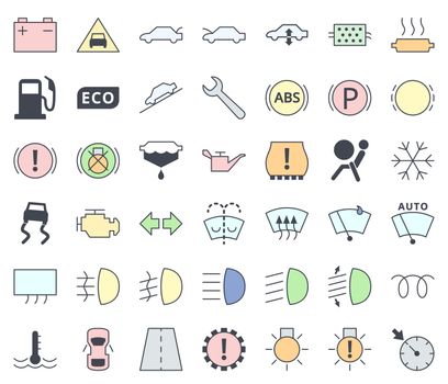 Car dashboard interface and indicators icon set, filling with pastel colors - service maintenance vector symbols