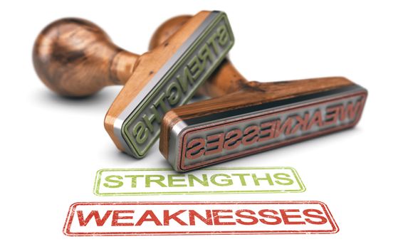 3D illustration of two rubber stamps with the words strengths and weaknesses over white background