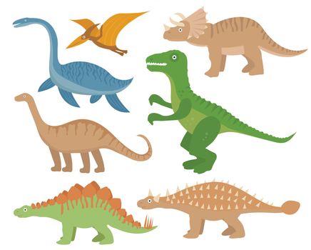 Dinosaurs flat icon set, cartoon style. Collection of objects with pterosaur, stegosaurus, triceratops, allosaurus, tyrannosaurus, apatosaurus, brontosaurus, ankylosaurus, plesiosaurus. Vector