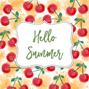 Hello summer. Watercolor banner with cherries