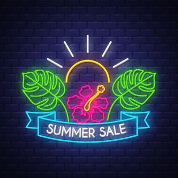 Summer sale banner. Neon sign lettering.