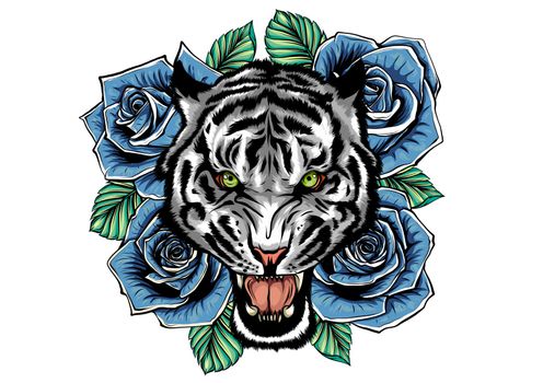 vector illustration of roaring tiger head and roses tattoo