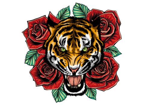 vector illustration of roaring tiger head and roses tattoo