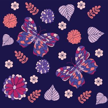 Embroidery seamless pattern with beautiful flowers and butterfly. Vector floral ornament on black background. Embroidery for fashion textile and fabric. 