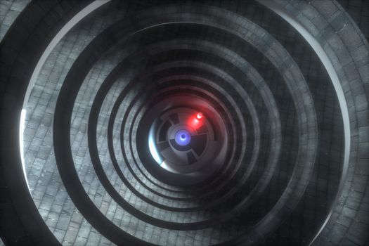 An abandoned round tunnel building in darkness, with scene of science fiction, 3d rendering.