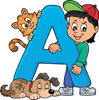 Boy and pets with letter A - eps10 vector illustration.