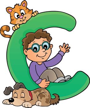 Boy and pets with letter C - eps10 vector illustration.