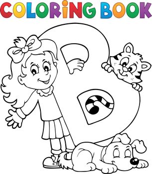 Coloring book girl and pets by letter B - eps10 vector illustration.