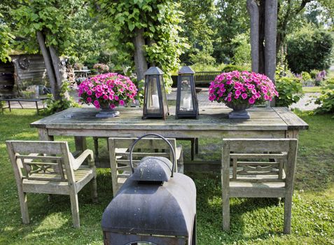 garden with decoration on wooden table
