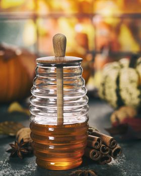 Warm and comfy autumn composition. Jar of Honey, pumpkins and spices.