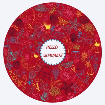 Vector hand drawn summer symbols and objects by the line art set of summer theme doodle collection in round frame. 