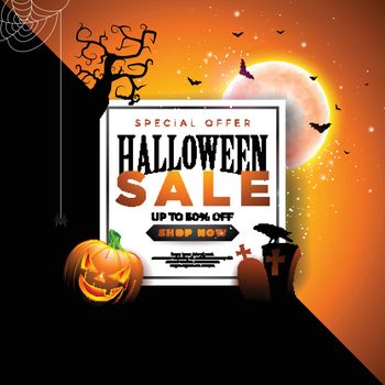 Halloween Sale banner illustration with pumpkin, moon, cemetery and flying bats on abstract colorful background. Vector Holiday design template with typography lettering for offer, coupon, celebration banner, voucher or promotional poster
