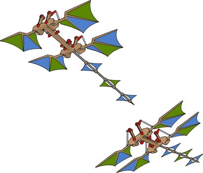 Retro flying kite machines, illustration, vector on white backgr