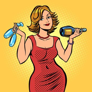 woman with a bottle of wine. Comic cartoon pop art retro vector drawing illustration
