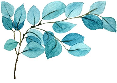 Blue retro exotic menthol branch with leaves. Ornate delicate watercolor flowers for wedding invitations, greeting cards, blogs, posters