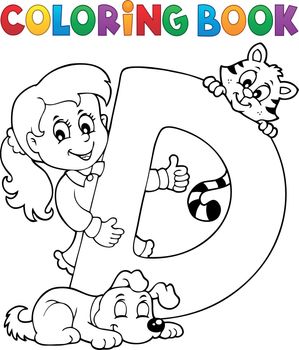 Coloring book girl and pets by letter D