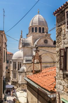 Croatia, city of Sibenik, panoramic view of the old town center and cathedral of St James, most important architectural monument of the Renaissance era in Croatia, UNESCO World Heritage