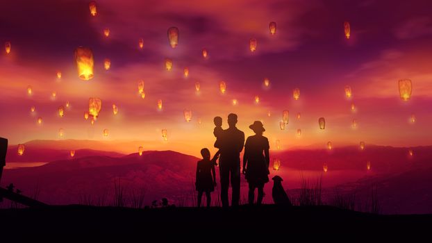Family with two children and a dog among flying Chinese lanterns at sunset