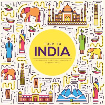 Country India travel vacation guide of goods, place and feature. Set of architecture, fashion, people, item, background concept. Infographic traditional ethnic flat, outline, thin line icon