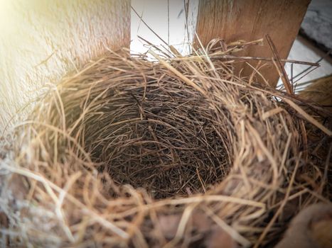 Empty nest of straw or hay in the attic of a country house