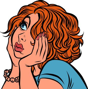 red haired young woman sad. Pop art retro vector illustration drawing