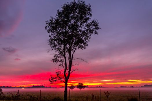 Red dawn skies across rural fields in Australian countryside
