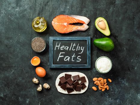Healthy fats sources concept, top view