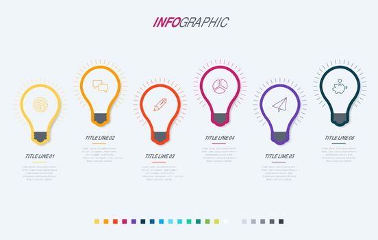 Timeline infographic design vector. 6 steps, light bulbs workflow layout. Vector infographic timeline template.