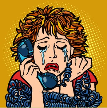 woman crying human emotions. telephone conversation