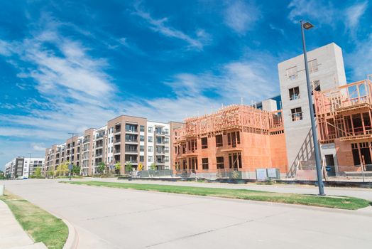 Urban upscale neighborhood with completed and under construction condos near Dallas