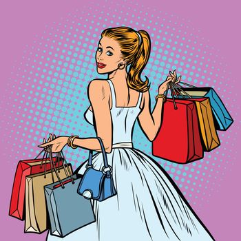 bride shopping, woman with bags. Pop art retro vector illustration vintage kitsch