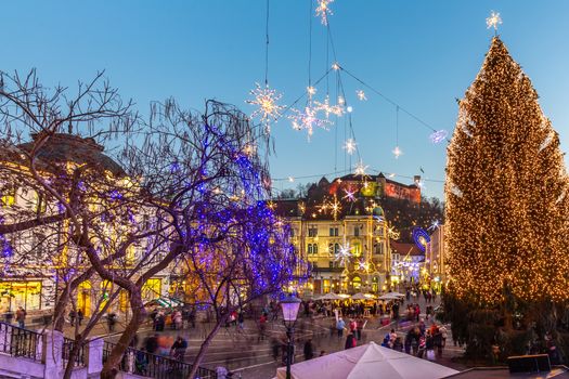 Romantic Ljubljana's city center decorated for Christmas holidays. Preseren's square, Ljubljana, Slovenia, Europe