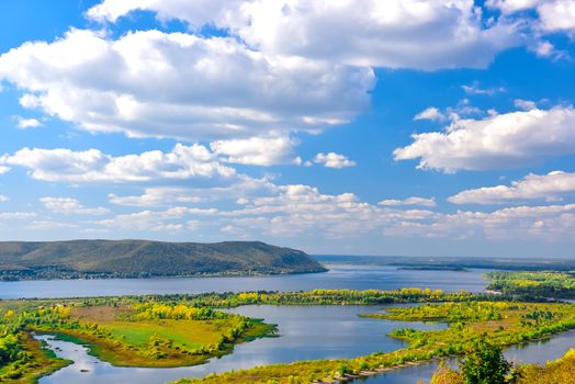 view of the Volga river in the Zhiguli mountains on a clear Sunny day in early autumn
