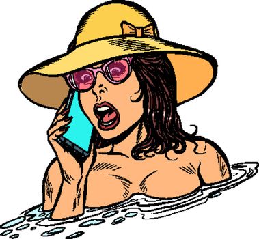 woman drowning in water. Phone call rescue service. Pop art retro vector illustration drawing