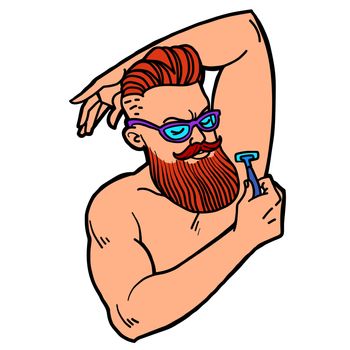 bearded hipster man shaves his armpit with a razor