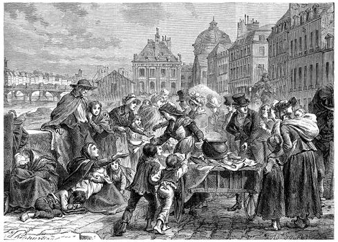 Distribution of food to the starving peasants, vintage engraving