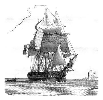Fregate broken, viewed from starboard davit, vintage engraving.