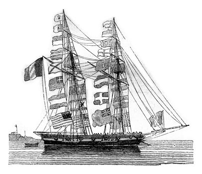 Pavoisse schooner, wetted, seen by starboard boudoir, vintage en