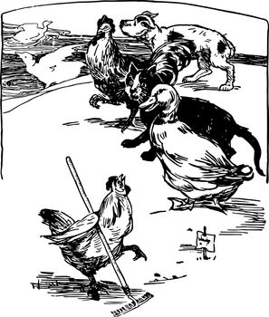 Hen Raking Barnyard with Animals Watching, vintage illustration