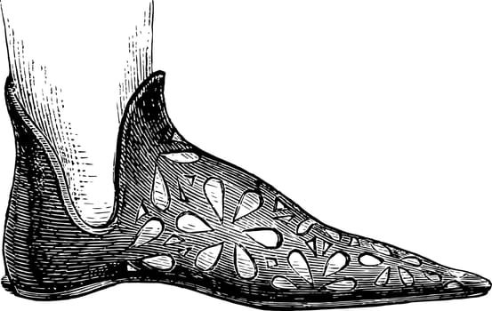 Shoe, 14th century design, vintage engraving.