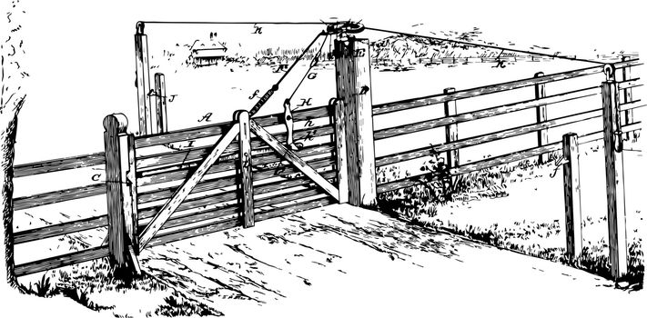 Wooden Locking Gate yett vintage engraving.