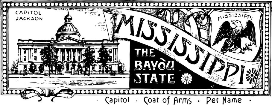 The state banner of Mississippi the bayou state vintage illustra