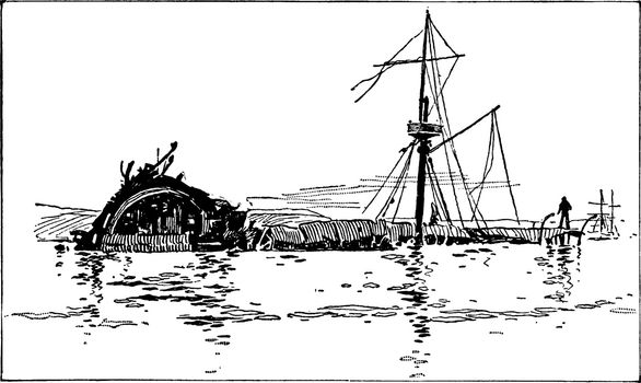 Wreck of the Maine in Havana Harbor, vintage illustration.