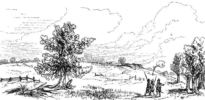 Bunker Hill After the Battle,vintage illustration